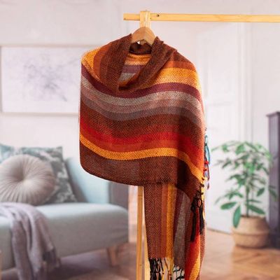Alternate image for Striped and Fringed 100 Alpaca Shawl Handwoven in Peru Andean Hues