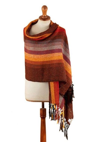 Alternate image for Striped and Fringed 100 Alpaca Shawl Handwoven in Peru Andean Hues