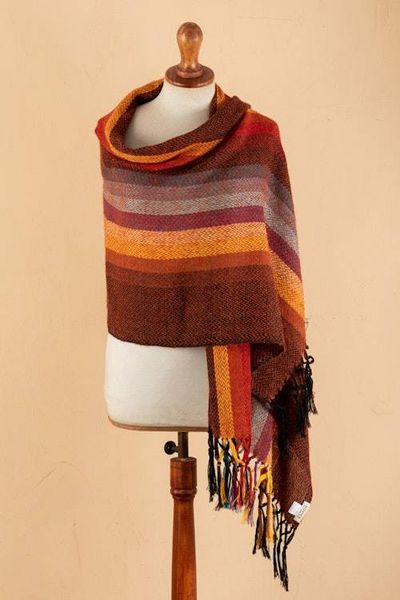 Alternate image for Striped and Fringed 100 Alpaca Shawl Handwoven in Peru Andean Hues