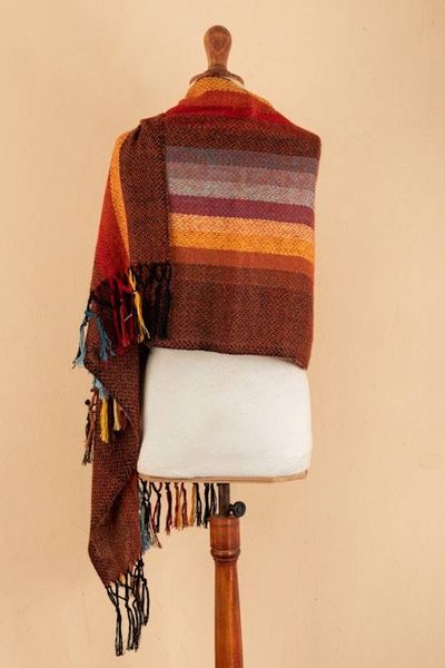 Alternate image for Striped and Fringed 100 Alpaca Shawl Handwoven in Peru Andean Hues