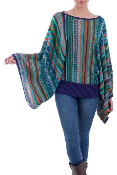 Alternate image for Bohemian Knit Sweater from Peru in Turquoise Stripes Lima Dance