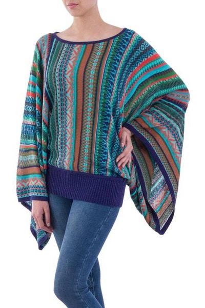 Alternate image for Bohemian Knit Sweater from Peru in Turquoise Stripes Lima Dance
