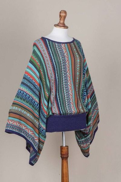 Alternate image for Bohemian Knit Sweater from Peru in Turquoise Stripes Lima Dance
