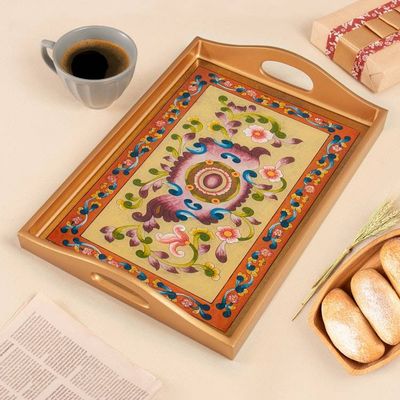 Alternate image for Golden-Toned Handcrafted Floral Reverse-Painted Glass Tray Evening Harvest