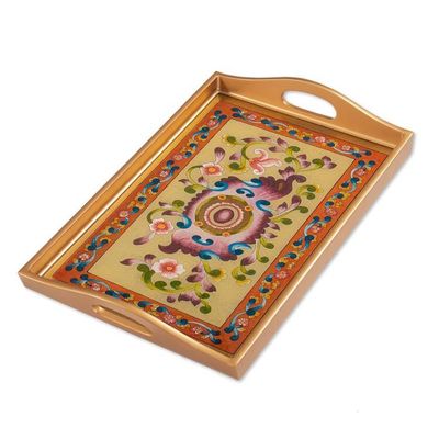 Alternate image for Golden-Toned Handcrafted Floral Reverse-Painted Glass Tray Evening Harvest