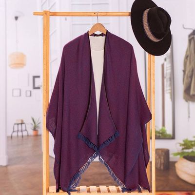 Alternate image for Woven Soft 100 Baby Alpaca Ruana in Bordeaux and Blue Hues Bordeaux Aurora