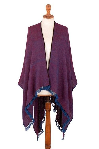 Alternate image for Woven Soft 100 Baby Alpaca Ruana in Bordeaux and Blue Hues Bordeaux Aurora