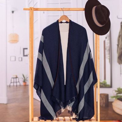 Alternate image for Striped Midnight Soft 100 Baby Alpaca Ruana with Suede Trim Midnight Seasons