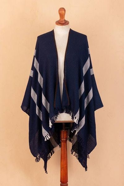 Alternate image for Striped Midnight Soft 100 Baby Alpaca Ruana with Suede Trim Midnight Seasons