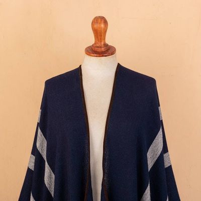 Alternate image for Striped Midnight Soft 100 Baby Alpaca Ruana with Suede Trim Midnight Seasons