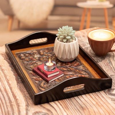 Alternate image for Floral Bird-Themed Embossed Leather and Wood Serving Tray Garden of Splendor