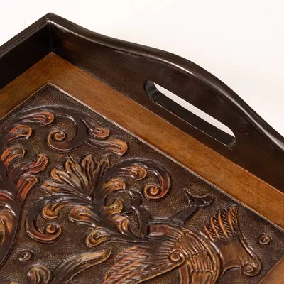 Alternate image for Floral Bird-Themed Embossed Leather and Wood Serving Tray Garden of Splendor