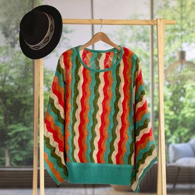 Alternate image for Green and Scarlet Vertical Stripe Alpaca Blend Sweater Tropical Heatwaves