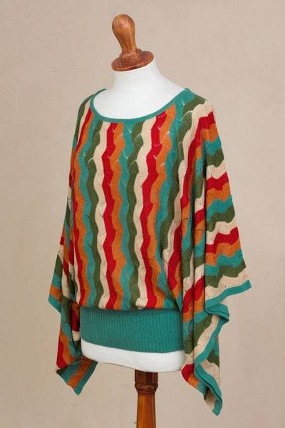 Alternate image for Green and Scarlet Vertical Stripe Alpaca Blend Sweater Tropical Heatwaves