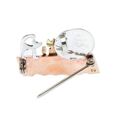 Alternate image for Handmade Cat Motif Brooch Pin Cats on a Roof