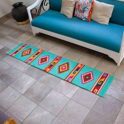 Alternate image for Turquoise Zapotec Wool Runner with Mexican Geometric Motifs Colorful Eye of God