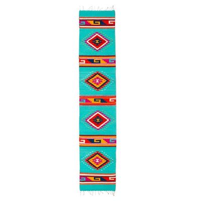 Alternate image for Turquoise Zapotec Wool Runner with Mexican Geometric Motifs Colorful Eye of God