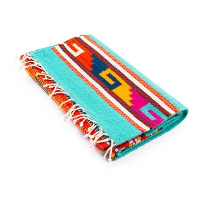 Alternate image for Turquoise Zapotec Wool Runner with Mexican Geometric Motifs Colorful Eye of God