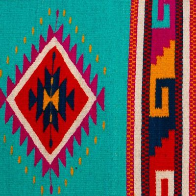 Alternate image for Turquoise Zapotec Wool Runner with Mexican Geometric Motifs Colorful Eye of God