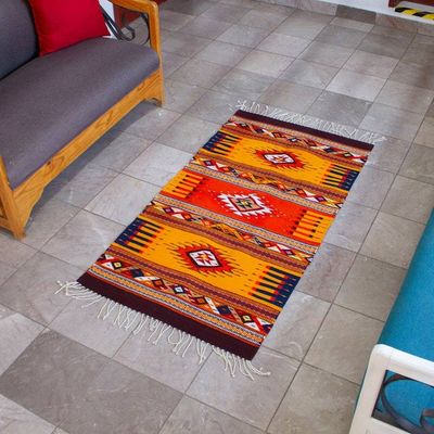 Alternate image for Handwoven Zapotec Wool Area Rug with Mexican Motifs 2.5x5 Phases of a Day