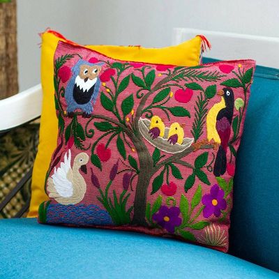 Alternate image for Handmade Tropical Floral Embroidered Cotton Cushion Cover Jungle Wings