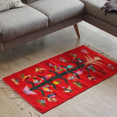 Alternate image for Artisan Crafted Red Wool Area Rug with Birds 2x3.5 Scarlet Staff of Life