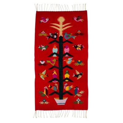 Alternate image for Artisan Crafted Red Wool Area Rug with Birds 2x3.5 Scarlet Staff of Life