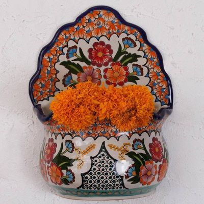 Alternate image for Hand-Painted Talavera-Style Ceramic Wall Planter from Mexico Bouquet Display