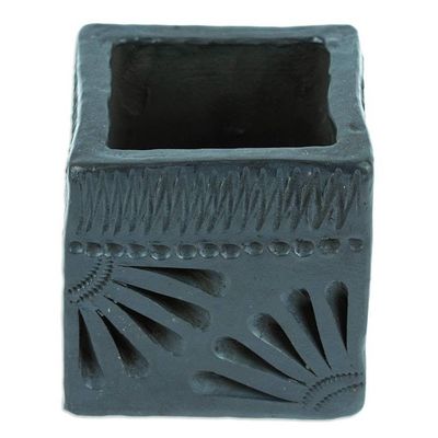 Alternate image for Mexican Handmade Barro Negro Black Ceramic Mini Flower Pot Square Peacock