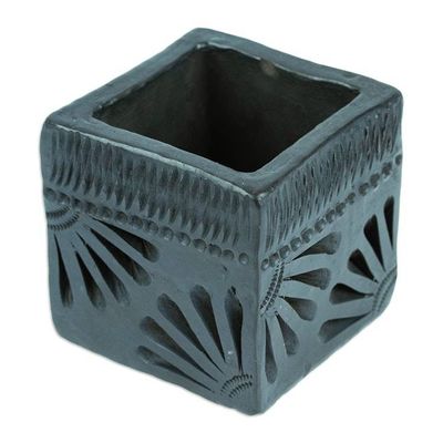 Alternate image for Mexican Handmade Barro Negro Black Ceramic Mini Flower Pot Square Peacock