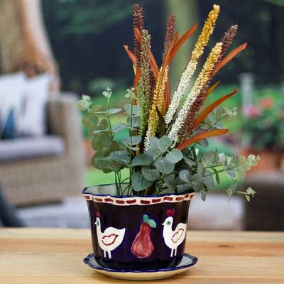 Alternate image for Dove and Fruit-Themed Blue Ceramic Flower Pot and Saucer Dreamy Doves