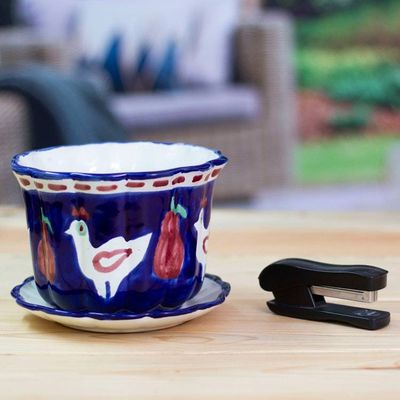 Alternate image for Dove and Fruit-Themed Blue Ceramic Flower Pot and Saucer Dreamy Doves