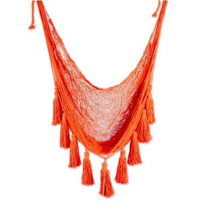 Alternate image for Orange Tasseled Cotton Rope Mayan Hammock Swing from Mexico Ocean Seat in Orange