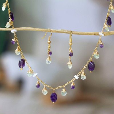 Alternate image for Gold-Plated Amethyst Fluorite Rainbow Moonstone Jewelry Set Drops of Sophistication