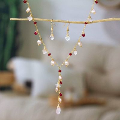 Alternate image for 14k Gold-Plated Rose Quartz Cultured Pearl Agate Jewelry Set Cascading Glamour