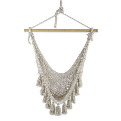 Alternate image for Tasseled Beige Cotton Rope Mayan Hammock Swing from Mexico Ocean Seat in Ivory