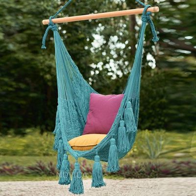 Alternate image for Tasseled Cotton Rope Mayan Hammock Swing in Teal from Mexico Ocean Seat in Turquoise