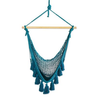 Alternate image for Tasseled Cotton Rope Mayan Hammock Swing in Teal from Mexico Ocean Seat in Turquoise