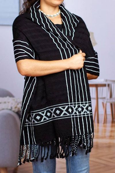 Alternate image for Black White Backstrap Woven Embroidered Rebozo Shawl Narrow Night Paths