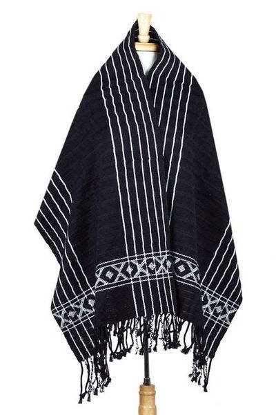 Alternate image for Black White Backstrap Woven Embroidered Rebozo Shawl Narrow Night Paths