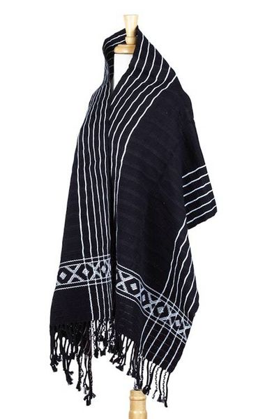 Alternate image for Black White Backstrap Woven Embroidered Rebozo Shawl Narrow Night Paths
