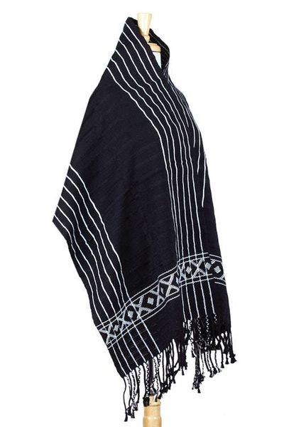 Alternate image for Black White Backstrap Woven Embroidered Rebozo Shawl Narrow Night Paths