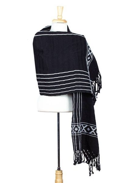 Alternate image for Black White Backstrap Woven Embroidered Rebozo Shawl Narrow Night Paths