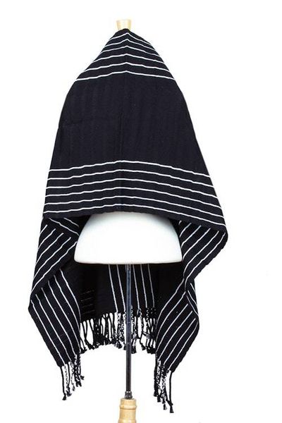 Alternate image for Black White Backstrap Woven Embroidered Rebozo Shawl Narrow Night Paths