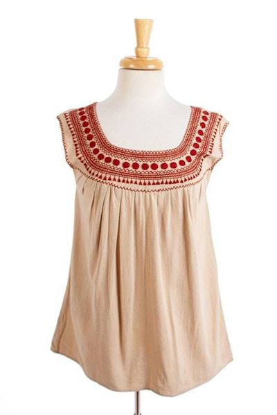 Alternate image for Beige Cotton Blouse with Traditional Red Embroidery San Cristobal Tradition