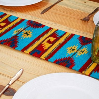 Alternate image for Woven Fringed 100 Wool Table Runner in Yellow and Blue Hues Banquet in Thunder