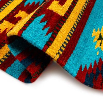 Alternate image for Woven Fringed 100 Wool Table Runner in Yellow and Blue Hues Banquet in Thunder