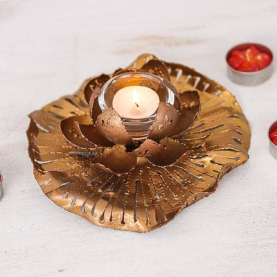 Alternate image for Golden-Toned Lotus-Themed Iron Tealight Candleholder Heavens Lotus