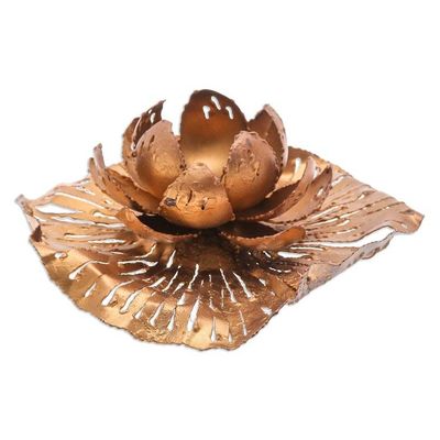 Alternate image for Golden-Toned Lotus-Themed Iron Tealight Candleholder Heavens Lotus