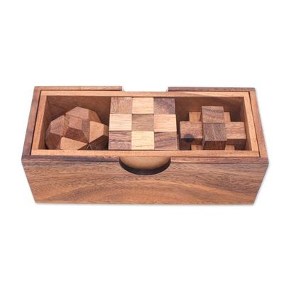 Alternate image for Set of 3 Raintree and Rubberwood Puzzles with Storage Box Game Time